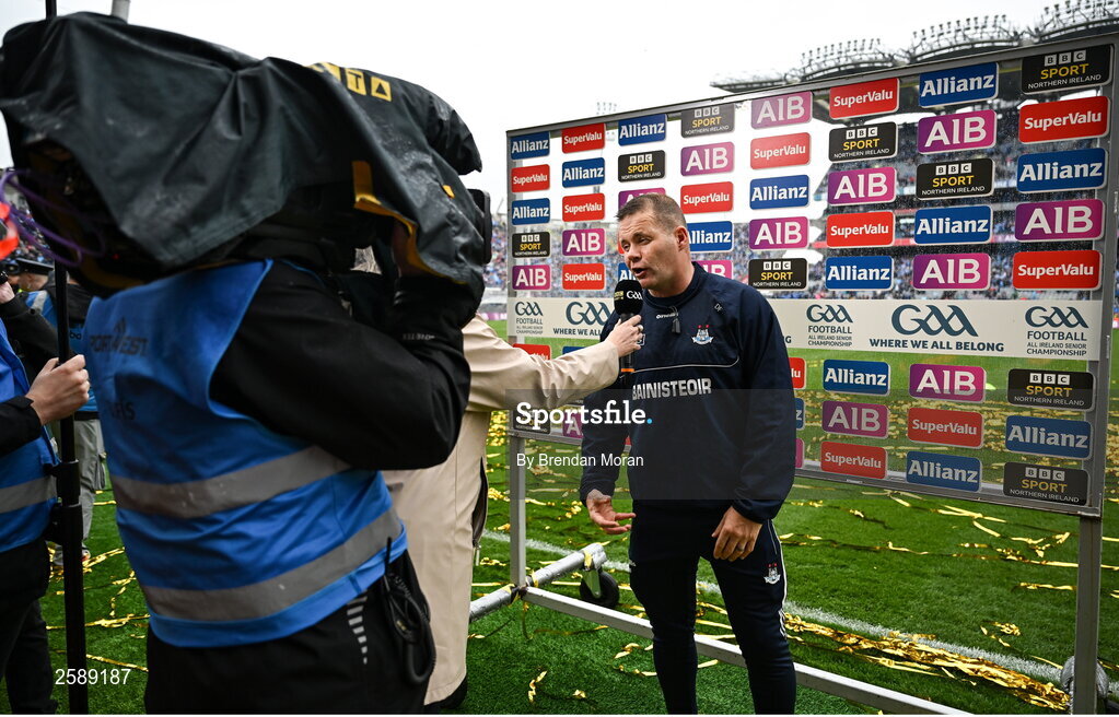 30 July 2023; Dublin manager Dessie Farrell is interviewed by BBC Sport after the GAA Football All-Ireland Senior Championship final match between Dublin and Kerry at Croke Park in Dublin. Photo by Brendan Moran/Sportsfile