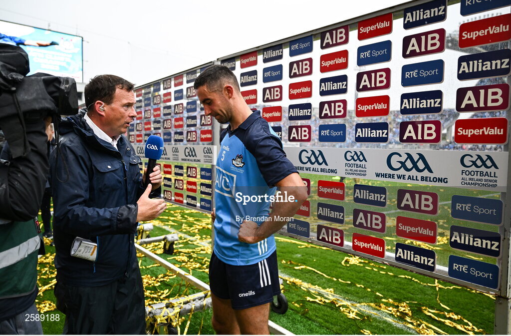 30 July 2023; Dublin captain James McCarthy is interviewed by Damien Lawlor of RTÉ after the GAA Football All-Ireland Senior Championship final match between Dublin and Kerry at Croke Park in Dublin. Photo by Brendan Moran/Sportsfile