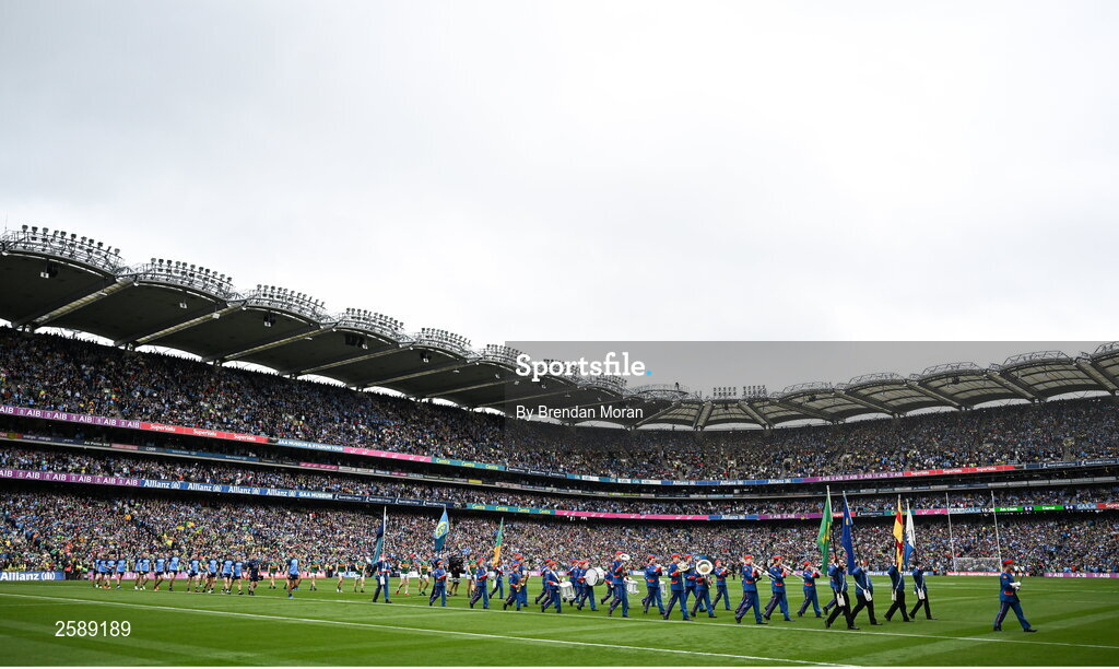 30 July 2023; The teams walk behind The Artane Band in the pre-match parade before the GAA Football All-Ireland Senior Championship final match between Dublin and Kerry at Croke Park in Dublin. Photo by Brendan Moran/Sportsfile