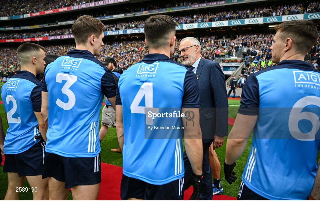 30 July 2023; Uachtarán Chumann Lúthchleas Gael Larry McCarthy meets the Dublin team before the GAA Football All-Ireland Senior Championship final match between Dublin and Kerry at Croke Park in Dublin. Photo by Brendan Moran/Sportsfile