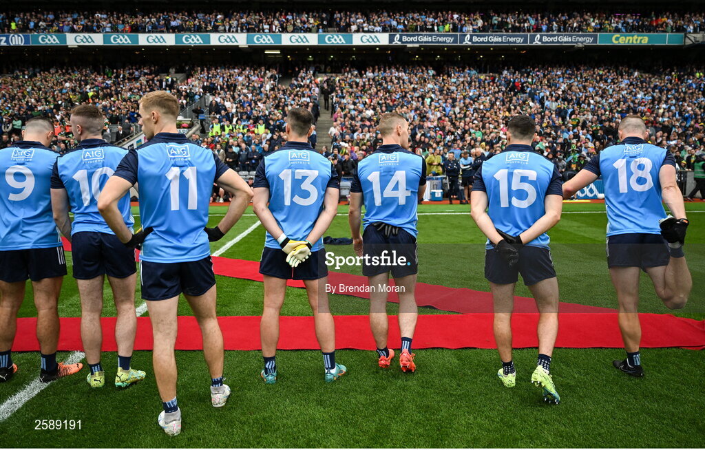 30 July 2023; Dublin playrs, from left, Brian Howard, Paddy Small, Paul Mannion, Cormac Costello, Con O'Callaghan, Colm Basquel and Ciaran Kilkenny wait for the pre-match parade before the GAA Football All-Ireland Senior Championship final match between Dublin and Kerry at Croke Park in Dublin. Photo by Brendan Moran/Sportsfile