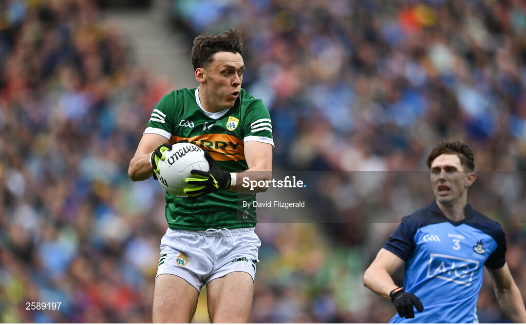 30 July 2023; David Clifford of Kerry and Michael Fitzsimons of Dublin during the GAA Football All-Ireland Senior Championship final match between Dublin and Kerry at Croke Park in Dublin. Photo by David Fitzgerald/Sportsfile
