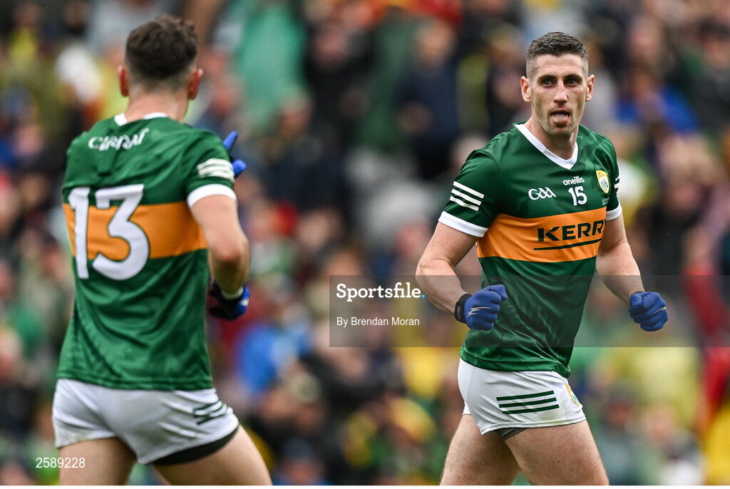 30 July 2023; Paul Geaney of Kerry, right, celebrates with teammate Paudie Clifford after scoring their side's first goal during the GAA Football All-Ireland Senior Championship final match between Dublin and Kerry at Croke Park in Dublin. Photo by Brendan Moran/Sportsfile