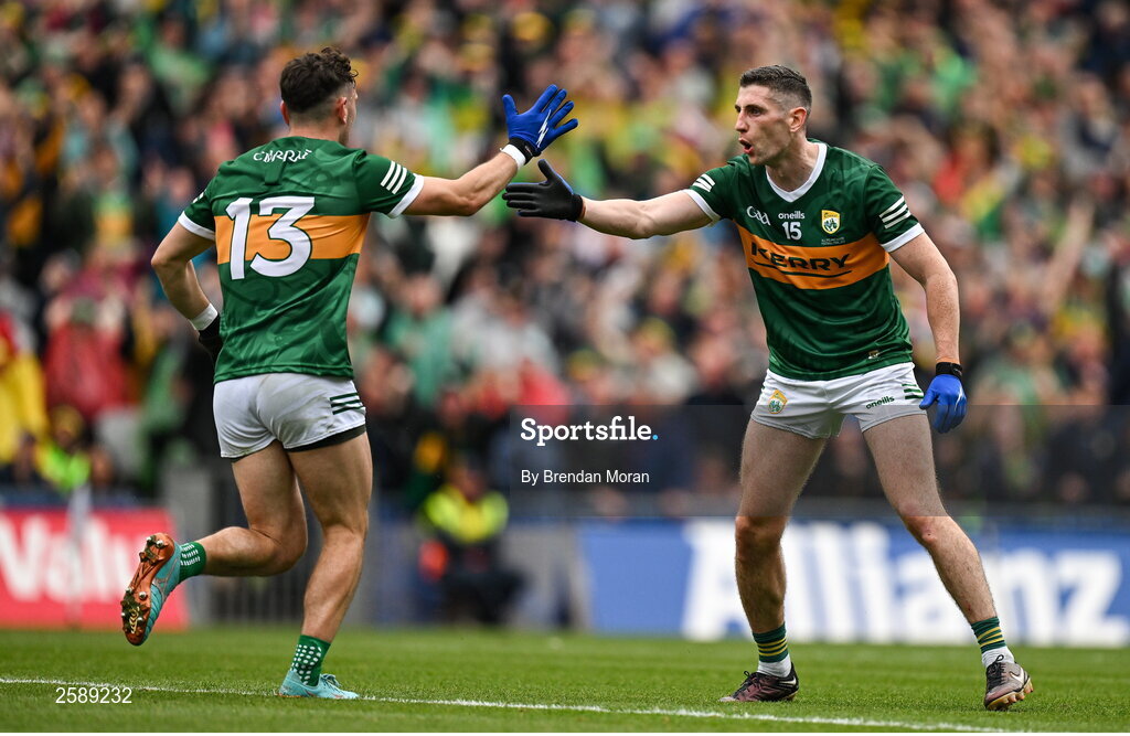 30 July 2023; Paul Geaney of Kerry, right, celebrates with teammate Paudie Clifford after scoring their side's first goal during the GAA Football All-Ireland Senior Championship final match between Dublin and Kerry at Croke Park in Dublin. Photo by Brendan Moran/Sportsfile