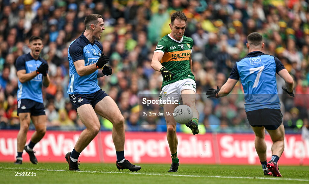 30 July 2023; Jack Barry of Kerry in action against Brian Fenton and Lee Gannon of Dublin during the GAA Football All-Ireland Senior Championship final match between Dublin and Kerry at Croke Park in Dublin. Photo by Brendan Moran/Sportsfile