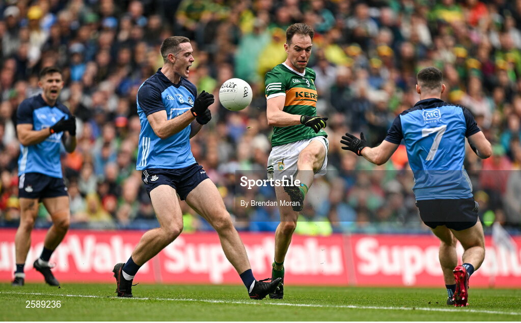 30 July 2023; Jack Barry of Kerry in action against Brian Fenton and Lee Gannon of Dublin during the GAA Football All-Ireland Senior Championship final match between Dublin and Kerry at Croke Park in Dublin. Photo by Brendan Moran/Sportsfile