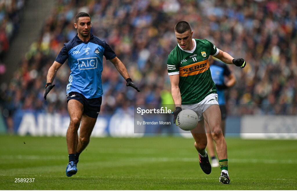 30 July 2023; Sean O'Shea of Kerry in action against James McCarthy of Dublin during the GAA Football All-Ireland Senior Championship final match between Dublin and Kerry at Croke Park in Dublin. Photo by Brendan Moran/Sportsfile