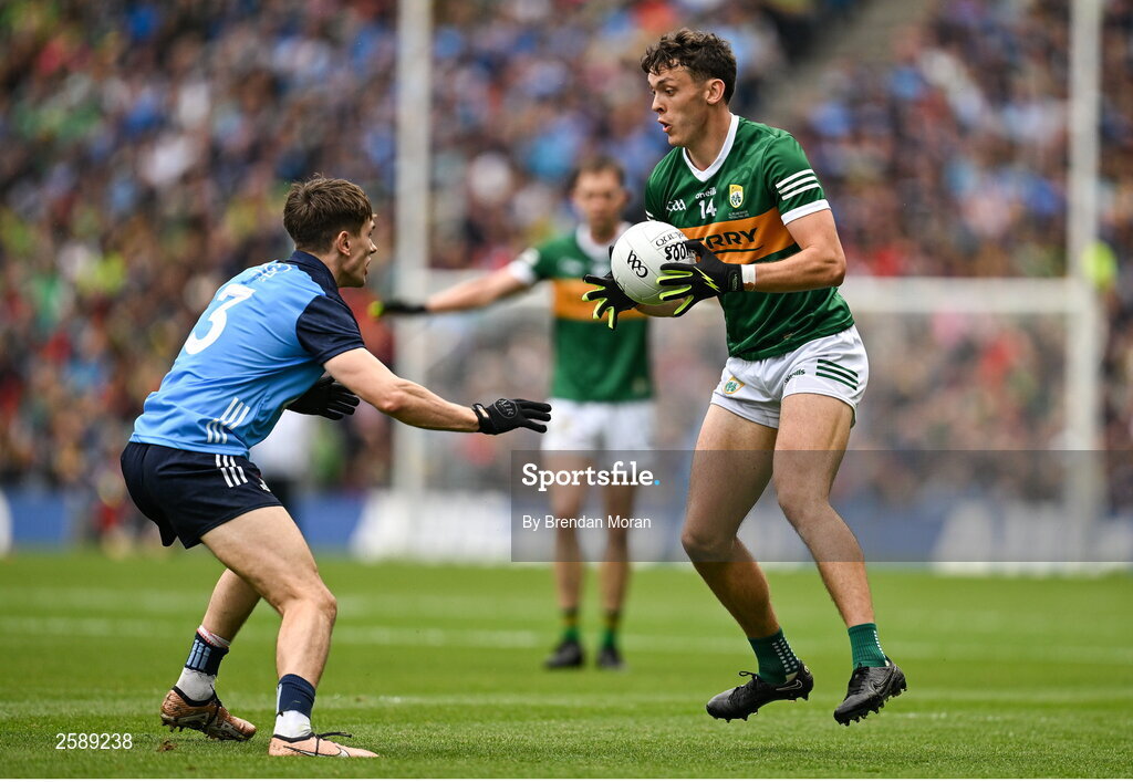 30 July 2023; David Clifford of Kerry in action against Michael Fitzsimons of Dublin during the GAA Football All-Ireland Senior Championship final match between Dublin and Kerry at Croke Park in Dublin. Photo by Brendan Moran/Sportsfile