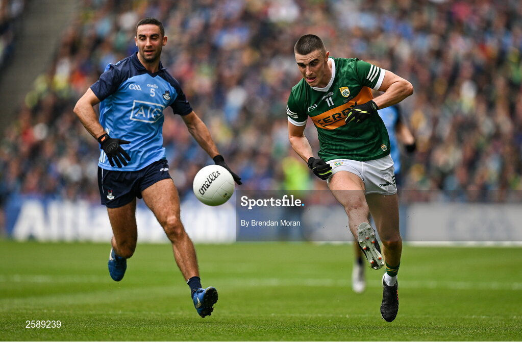 30 July 2023; Sean O'Shea of Kerry in action against James McCarthy of Dublin during the GAA Football All-Ireland Senior Championship final match between Dublin and Kerry at Croke Park in Dublin. Photo by Brendan Moran/Sportsfile