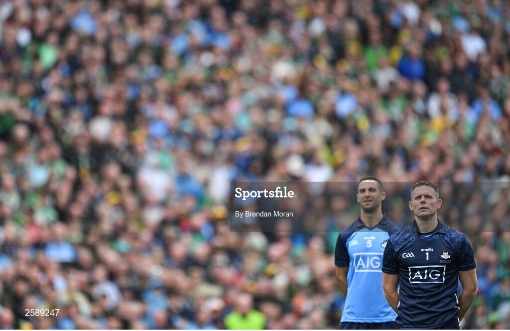 30 July 2023; Stephen Cluxton, right and James McCarthy of Dublin stand for Amhrán na bhFiann before the GAA Football All-Ireland Senior Championship final match between Dublin and Kerry at Croke Park in Dublin. Photo by Brendan Moran/Sportsfile