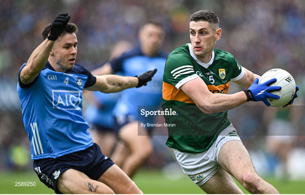 30 July 2023; Paul Geaney of Kerry in action against David Byrne of Dublin during the GAA Football All-Ireland Senior Championship final match between Dublin and Kerry at Croke Park in Dublin. Photo by Brendan Moran/Sportsfile