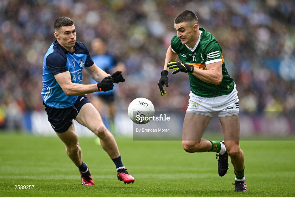 30 July 2023; Sean O'Shea of Kerry in action against Lee Gannon of Dublin during the GAA Football All-Ireland Senior Championship final match between Dublin and Kerry at Croke Park in Dublin. Photo by Brendan Moran/Sportsfile