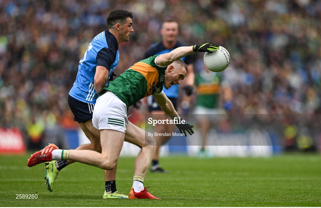 30 July 2023; Jason Foley of Kerry in action against Colm Basquel of Dublin during the GAA Football All-Ireland Senior Championship final match between Dublin and Kerry at Croke Park in Dublin. Photo by Brendan Moran/Sportsfile