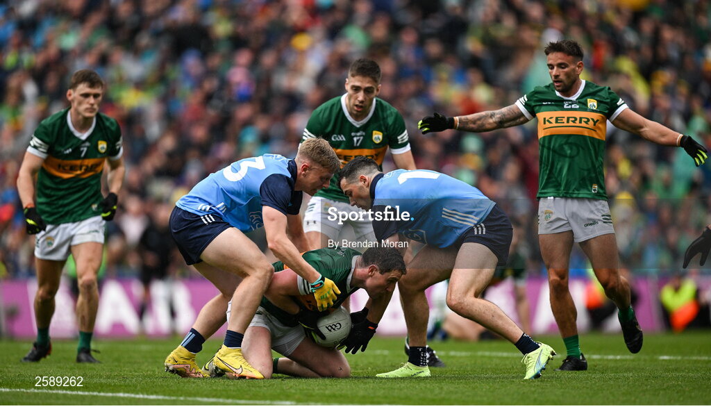 30 July 2023; Tadhg Morley of Kerry is tackled by Cian Murphy, left, and Colm Basquel of Dublin during the GAA Football All-Ireland Senior Championship final match between Dublin and Kerry at Croke Park in Dublin. Photo by Brendan Moran/Sportsfile