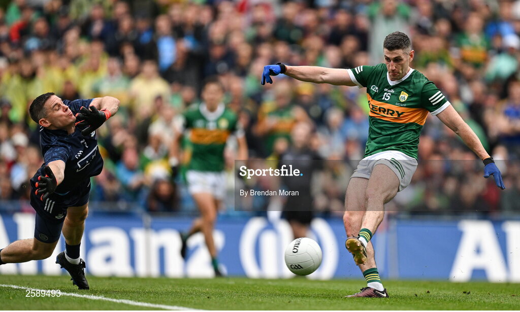 30 July 2023; Paul Geaney of Kerry scores his side's only goal past Dublin goalkeeper Stephen Cluxton during the GAA Football All-Ireland Senior Championship final match between Dublin and Kerry at Croke Park in Dublin. Photo by Brendan Moran/Sportsfile