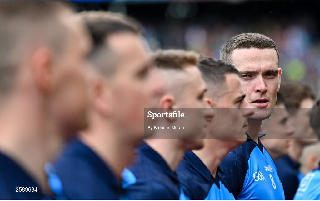 30 July 2023; Brian Fenton of Dublin speaks to teammate Brian Howard before the GAA Football All-Ireland Senior Championship final match between Dublin and Kerry at Croke Park in Dublin. Photo by Brendan Moran/Sportsfile