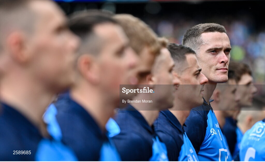30 July 2023; Brian Fenton of Dublin lines up alongside his teammates before the GAA Football All-Ireland Senior Championship final match between Dublin and Kerry at Croke Park in Dublin. Photo by Brendan Moran/Sportsfile