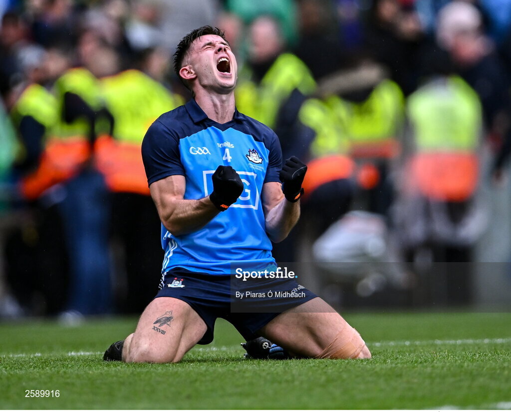 30 July 2023; David Byrne of Dublin celebrates after his side's victory in the GAA Football All-Ireland Senior Championship final match between Dublin and Kerry at Croke Park in Dublin. Photo by Piaras Ó Mídheach/Sportsfile