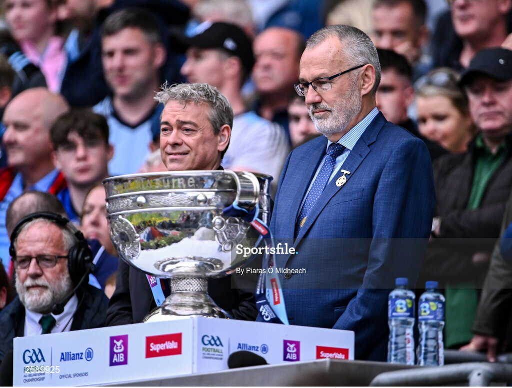 30 July 2023; Uachtarán Chumann Lúthchleas Gael Larry McCarthy with the Sam Maguire Cup after the GAA Football All-Ireland Senior Championship final match between Dublin and Kerry at Croke Park in Dublin. Photo by Piaras Ó Mídheach/Sportsfile