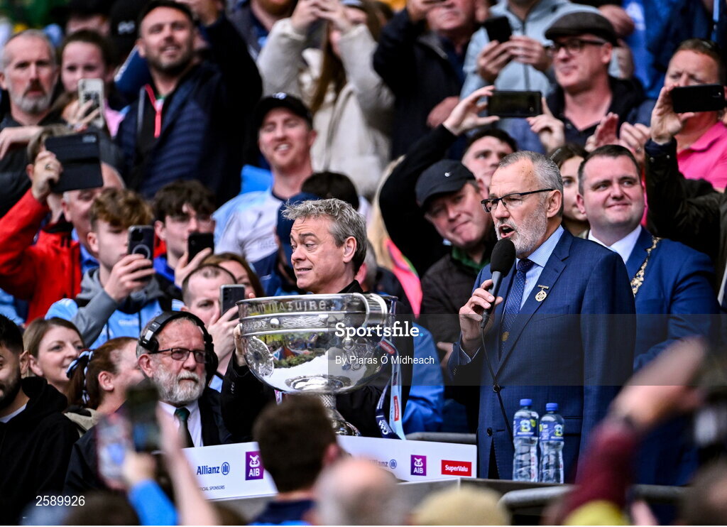 30 July 2023; Uachtarán Chumann Lúthchleas Gael Larry McCarthy makes a speech after the GAA Football All-Ireland Senior Championship final match between Dublin and Kerry at Croke Park in Dublin. Photo by Piaras Ó Mídheach/Sportsfile