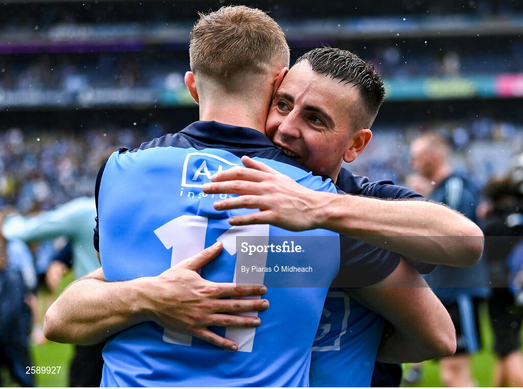 30 July 2023; Dublin footballers Cormac Costello and Paul Mannion, 11, celebrate after their side's victory in the GAA Football All-Ireland Senior Championship final match between Dublin and Kerry at Croke Park in Dublin. Photo by Piaras Ó Mídheach/Sportsfile