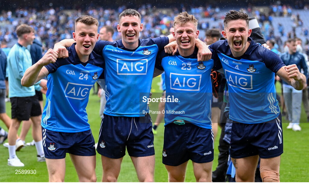 30 July 2023; Dublin players, from left, Daire Newcombe, Lee Gannon, Cian Murphy and David Byrne celebrate after their side's victory in the GAA Football All-Ireland Senior Championship final match between Dublin and Kerry at Croke Park in Dublin. Photo by Piaras Ó Mídheach/Sportsfile