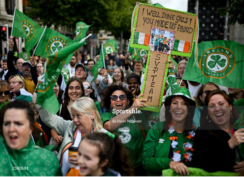 3 August 2023; Republic of Ireland supporter Edi Dinise from Ballybough, Dublin, during a Republic of Ireland homecoming event on O'Connell Street in Dublin following the FIFA Women's World Cup 2023. Photo by David Fitzgerald/Sportsfile