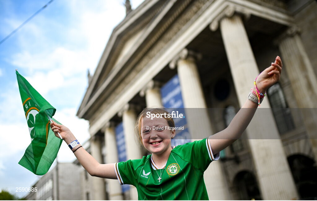 3 August 2023; Republic of Ireland supporter Maddison McKenzie from Dublin during a Republic of Ireland homecoming event on O'Connell Street in Dublin following the FIFA Women's World Cup 2023. Photo by David Fitzgerald/Sportsfile