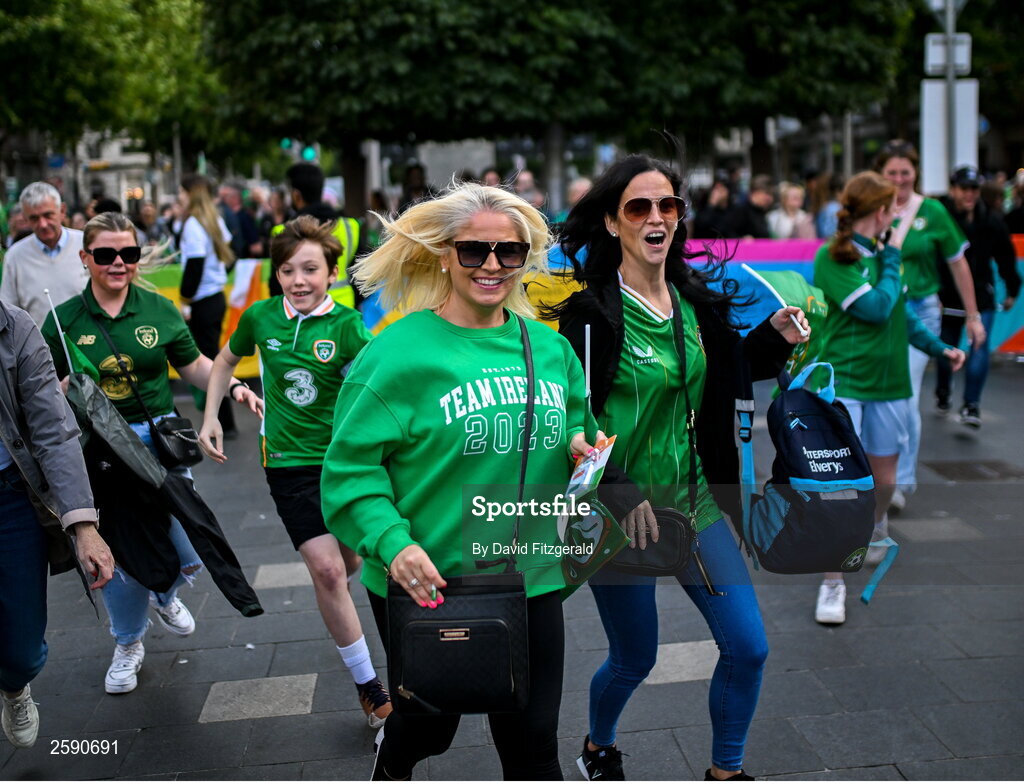 3 August 2023; Republic of Ireland supporters run through the crowd in an attempt to get to the front during a Republic of Ireland homecoming event on O'Connell Street in Dublin following the FIFA Women's World Cup 2023. Photo by David Fitzgerald/Sportsfile
