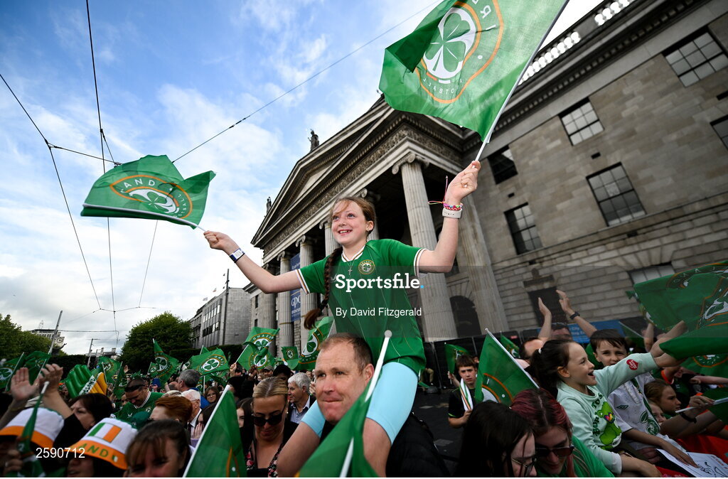 3 August 2023; Republic of Ireland supporter Maddison McKenzie during a Republic of Ireland homecoming event on O'Connell Street in Dublin following the FIFA Women's World Cup 2023. Photo by David Fitzgerald/Sportsfile