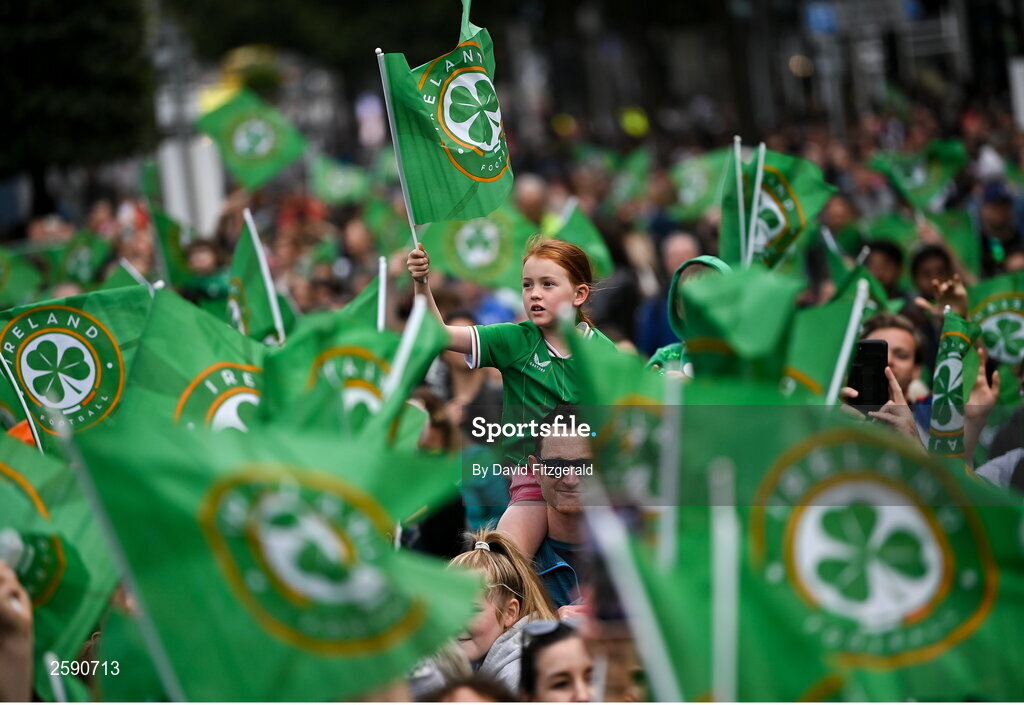 3 August 2023; A Republic of Ireland supporter during a Republic of Ireland homecoming event on O'Connell Street in Dublin following the FIFA Women's World Cup 2023. Photo by David Fitzgerald/Sportsfile