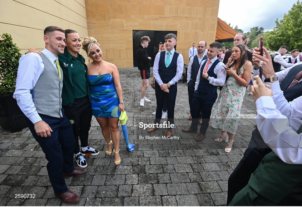3 August 2023; Katie McCabe poses for a photograph with members of a wedding party at the Castleknock Hotel in Dublin before the Republic of Ireland homecoming event on O'Connell Street in Dublin following the FIFA Women's World Cup 2023. Photo by Stephen McCarthy/Sportsfile