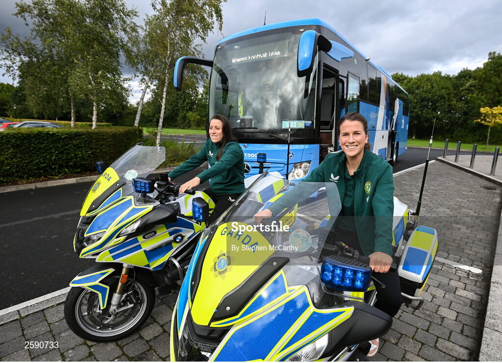 3 August 2023; Lucy Quinn, left, and Niamh Fahey at the Castleknock Hotel in Dublin before the Republic of Ireland homecoming event on O'Connell Street in Dublin following the FIFA Women's World Cup 2023. Photo by Stephen McCarthy/Sportsfile