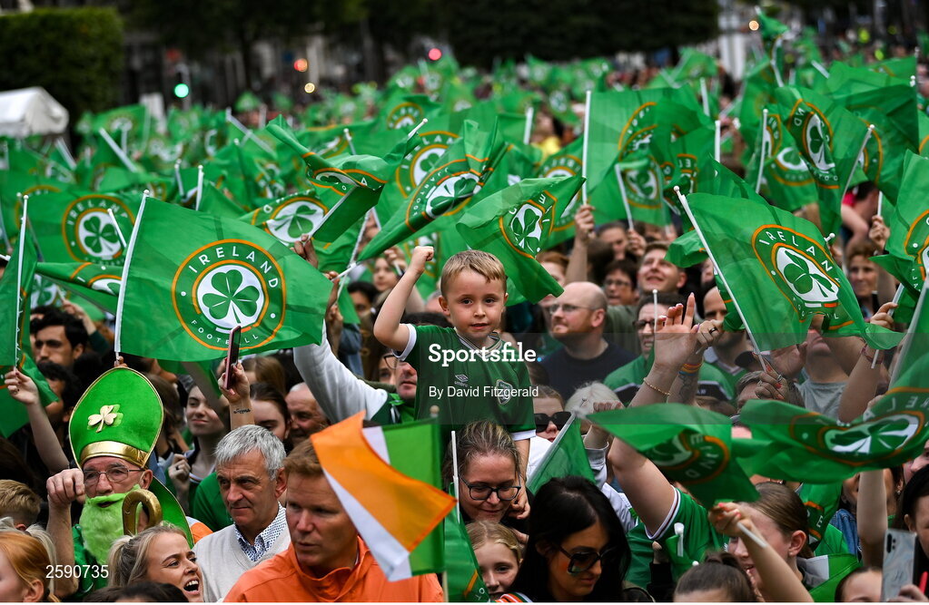 3 August 2023; Republic of Ireland supporter Ryan Gannon, aged 6, from Dublin during a Republic of Ireland homecoming event on O'Connell Street in Dublin following the FIFA Women's World Cup 2023. Photo by David Fitzgerald/Sportsfile