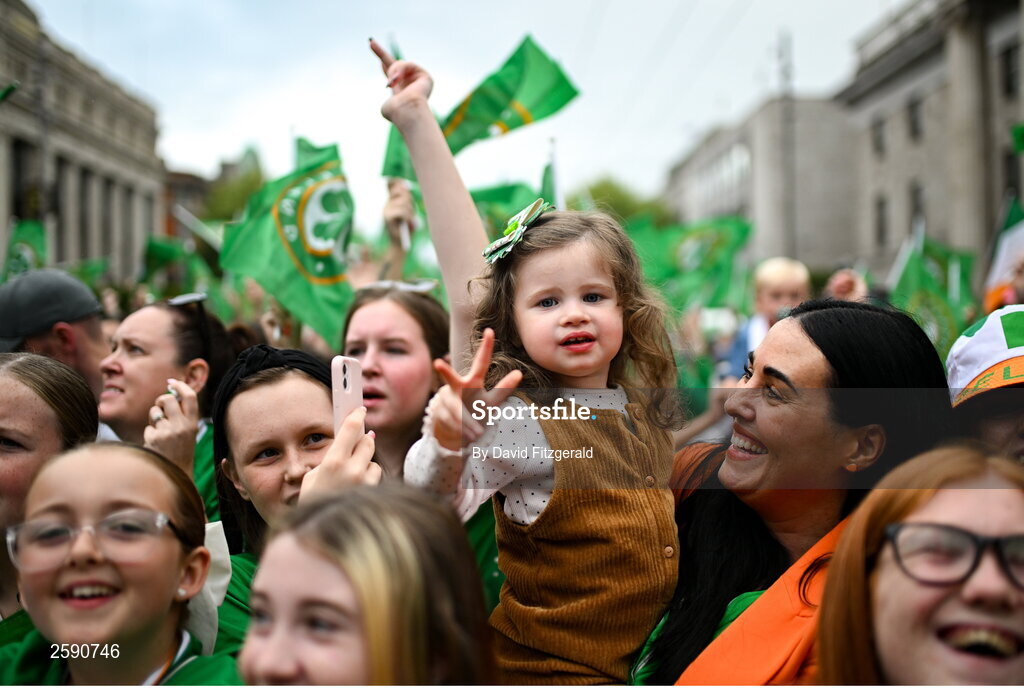 3 August 2023; Republic of Ireland supporter Willow Kylie, aged 2, during a Republic of Ireland homecoming event on O'Connell Street in Dublin following the FIFA Women's World Cup 2023. Photo by David Fitzgerald/Sportsfile