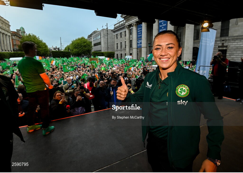 3 August 2023; Katie McCabe during a Republic of Ireland homecoming event on O'Connell Street in Dublin following the FIFA Women's World Cup 2023. Photo by Stephen McCarthy/Sportsfile