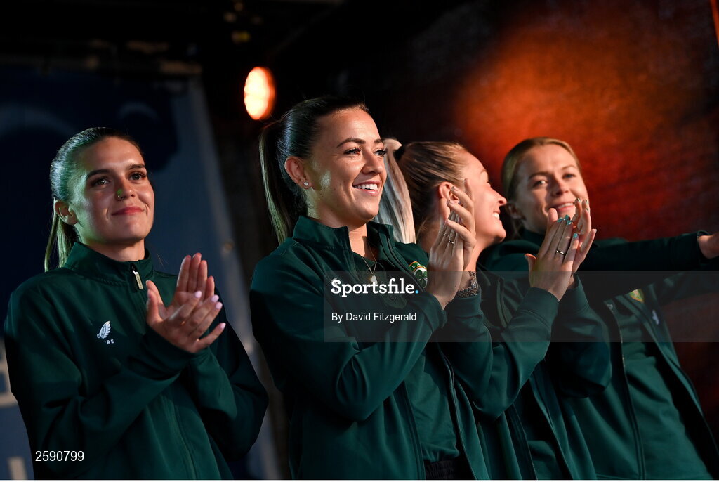 3 August 2023; Katie McCabe, centre, during a Republic of Ireland homecoming event on O'Connell Street in Dublin following the FIFA Women's World Cup 2023. Photo by David Fitzgerald/Sportsfile