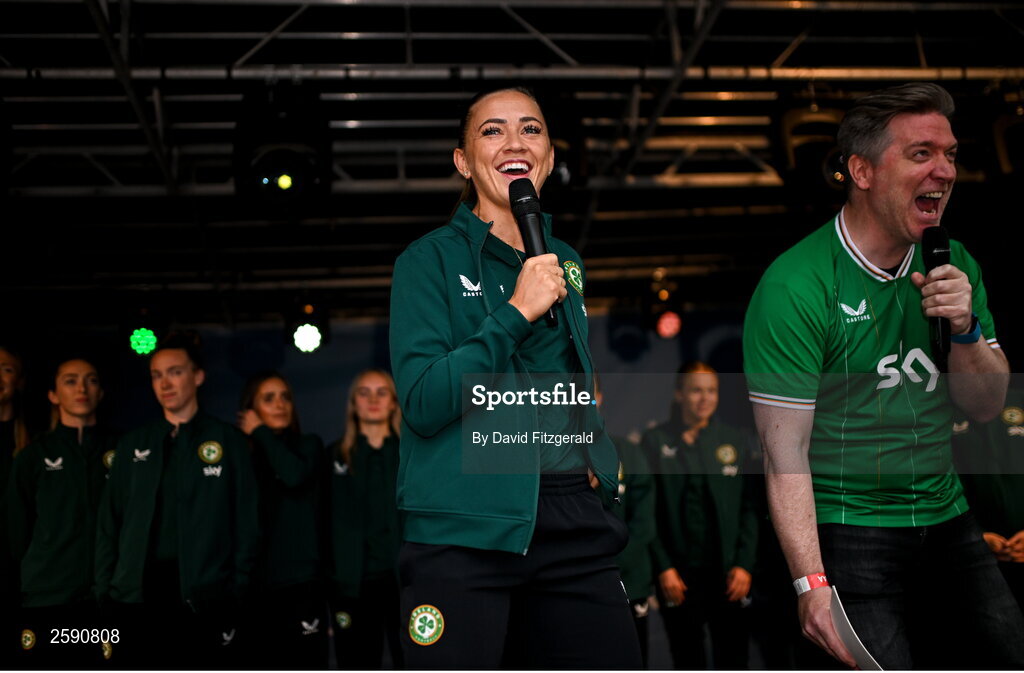 3 August 2023; Katie McCabe, left, and Radio Presenter Dave Moore during a Republic of Ireland homecoming event on O'Connell Street in Dublin following the FIFA Women's World Cup 2023. Photo by David Fitzgerald/Sportsfile
