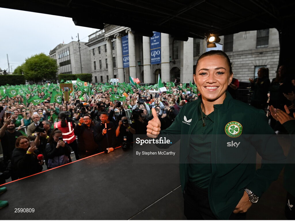 3 August 2023; Katie McCabe during a Republic of Ireland homecoming event on O'Connell Street in Dublin following the FIFA Women's World Cup 2023. Photo by Stephen McCarthy/Sportsfile