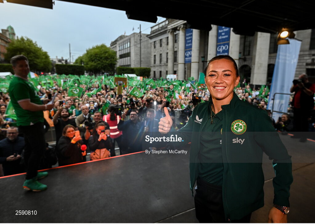 3 August 2023; Katie McCabe during a Republic of Ireland homecoming event on O'Connell Street in Dublin following the FIFA Women's World Cup 2023. Photo by Stephen McCarthy/Sportsfile