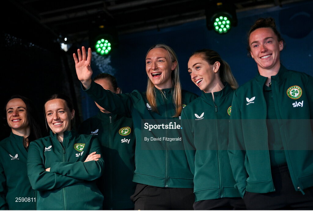 3 August 2023; Louise Quinn, centre, and Megan Connolly, second from right, during a Republic of Ireland homecoming event on O'Connell Street in Dublin following the FIFA Women's World Cup 2023. Photo by David Fitzgerald/Sportsfile
