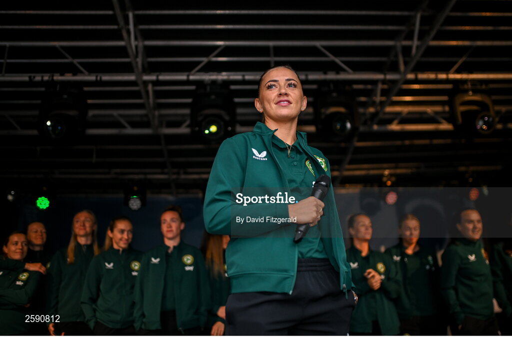 3 August 2023; Katie McCabe during a Republic of Ireland homecoming event on O'Connell Street in Dublin following the FIFA Women's World Cup 2023. Photo by David Fitzgerald/Sportsfile