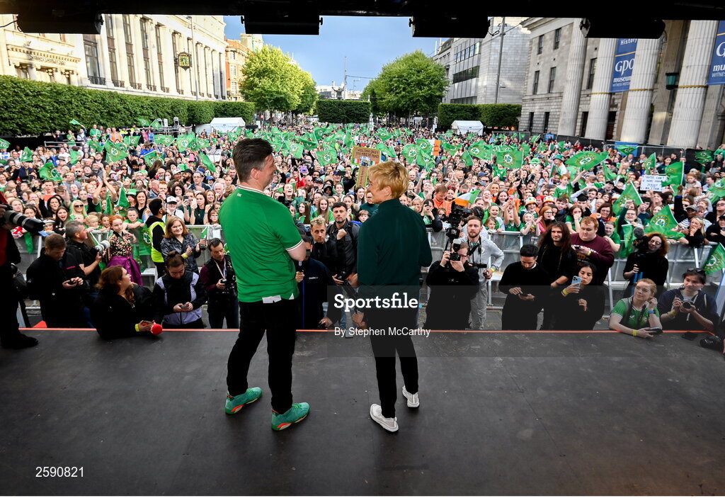 3 August 2023; Radio Presenter Dave Moore, left, and Manager Vera Pauw during a Republic of Ireland homecoming event on O'Connell Street in Dublin following the FIFA Women's World Cup 2023. Photo by Stephen McCarthy/Sportsfile