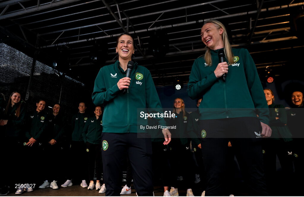 3 August 2023; Niamh Fahey, left, and Louise Quinn during a Republic of Ireland homecoming event on O'Connell Street in Dublin following the FIFA Women's World Cup 2023. Photo by David Fitzgerald/Sportsfile