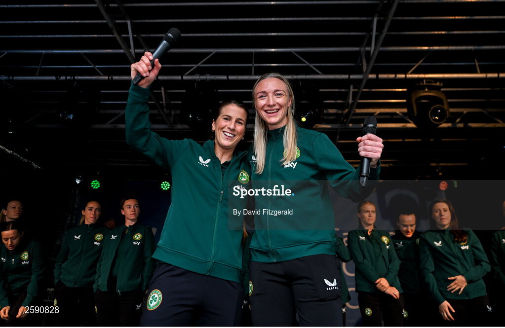 3 August 2023; Niamh Fahey, left, and Louise Quinn during a Republic of Ireland homecoming event on O'Connell Street in Dublin following the FIFA Women's World Cup 2023. Photo by David Fitzgerald/Sportsfile