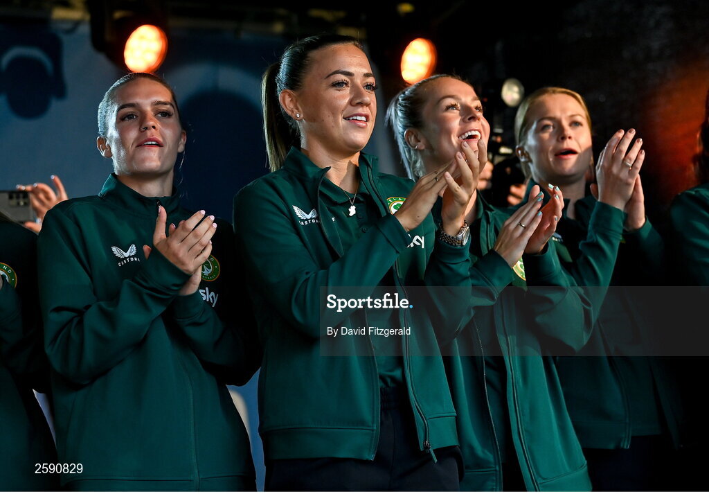 3 August 2023; Katie McCabe, centre, during a Republic of Ireland homecoming event on O'Connell Street in Dublin following the FIFA Women's World Cup 2023. Photo by David Fitzgerald/Sportsfile