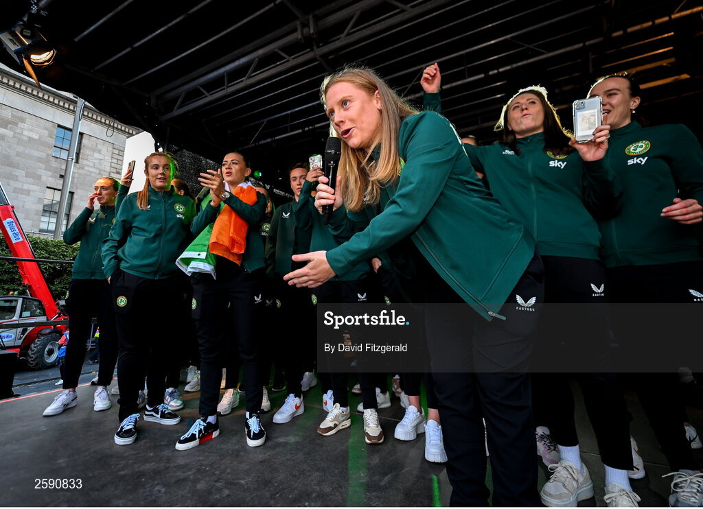 3 August 2023; Amber Barrett sings during a Republic of Ireland homecoming event on O'Connell Street in Dublin following the FIFA Women's World Cup 2023. Photo by David Fitzgerald/Sportsfile