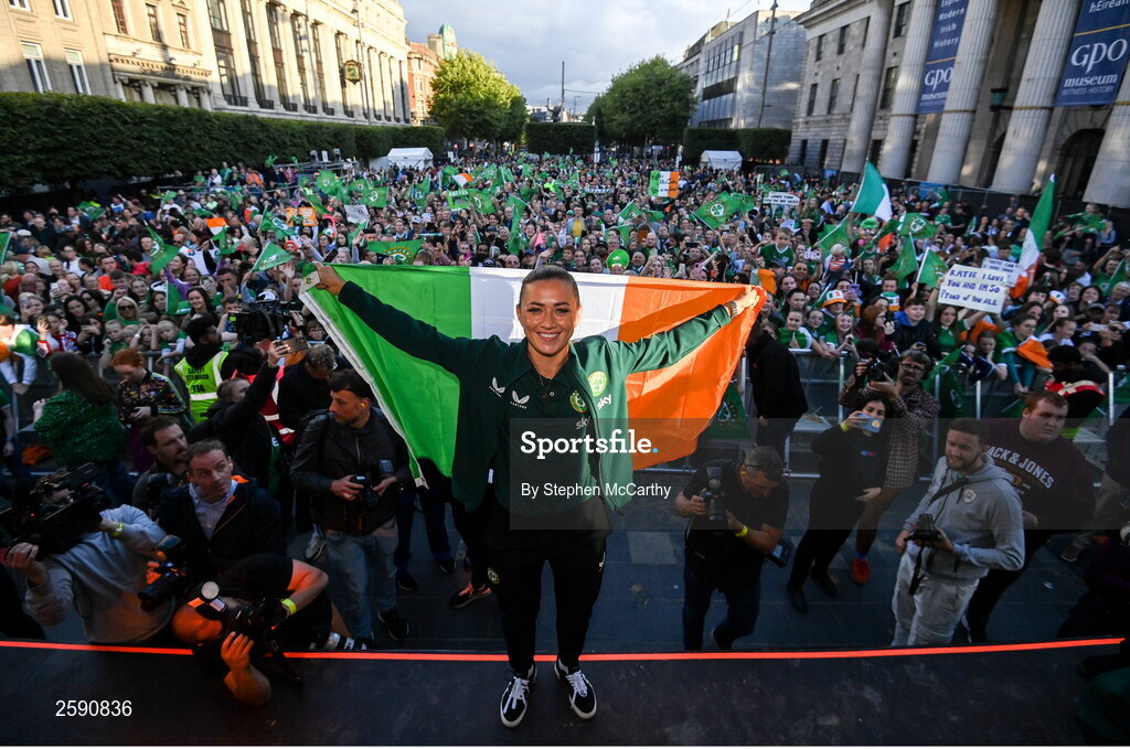 3 August 2023; Katie McCabe poses for a photograph with supporters during a Republic of Ireland homecoming event on O'Connell Street in Dublin following the FIFA Women's World Cup 2023. Photo by Stephen McCarthy/Sportsfile