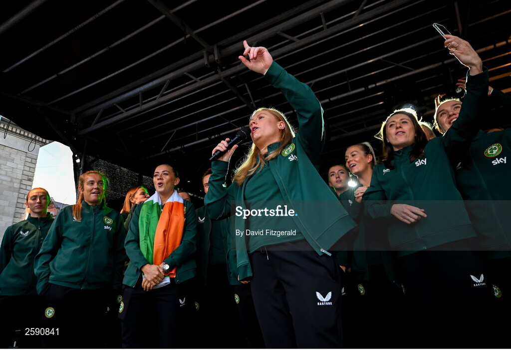 3 August 2023; Amber Barrett sings during a Republic of Ireland homecoming event on O'Connell Street in Dublin following the FIFA Women's World Cup 2023. Photo by David Fitzgerald/Sportsfile