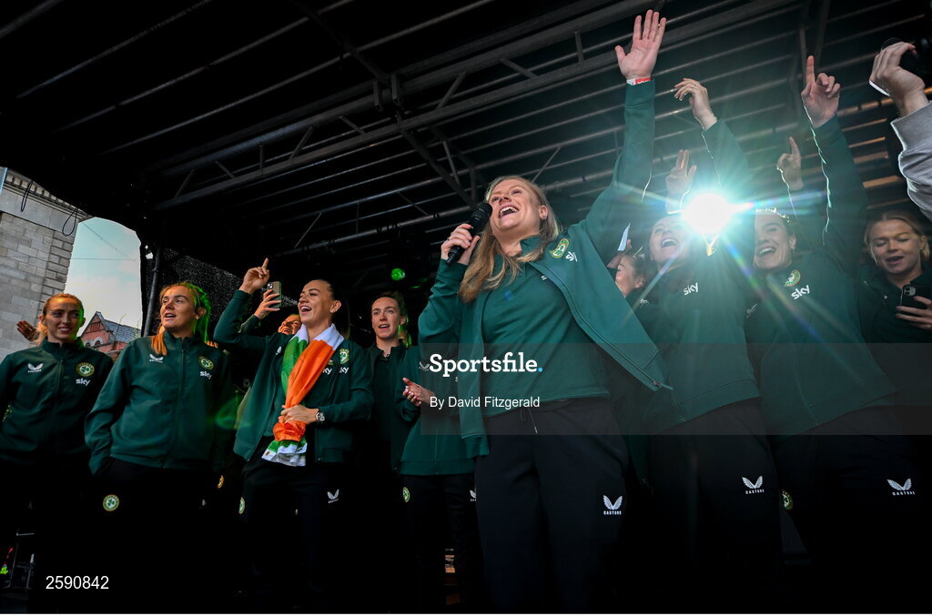3 August 2023; Amber Barrett sings during a Republic of Ireland homecoming event on O'Connell Street in Dublin following the FIFA Women's World Cup 2023. Photo by David Fitzgerald/Sportsfile